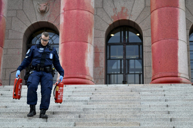 The Parliament House of Finland was smudged with red paint on the morning of September 25, 2024, in Helsinki, Finland du