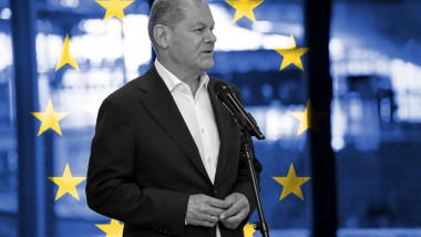 Olaf Scholz într-o ilustrație cu steagul UE