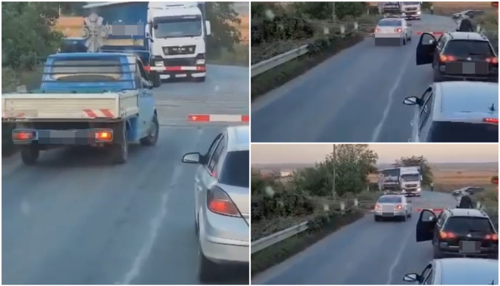 Momentul în care cinci șoferi grăbiți ocolesc barierele de la o trecere la nivel cu calea ferată. Polițiștii îi caută acum