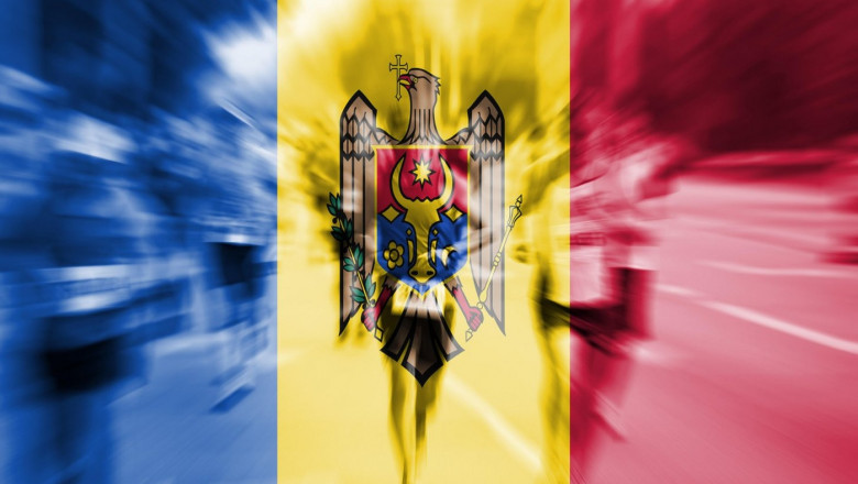 Marathon runner motion blur with blending Republic of Moldova flag