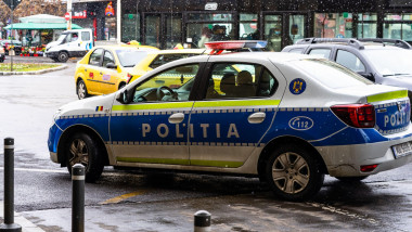 Police car in front of Northern Rail Station Bucharest, Romania, 2022