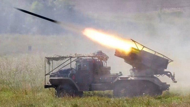 Grad multiple rocket launcher of the Russian Army Sever [North] Group of Forces is deployed in a border area of the Kursk Region