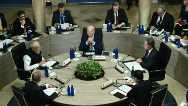 US President Joe Biden (C) meets with Australian Prime Minister Anthony Albanese (L), Indian Prime Minister Narendra Modi (2L), Japanese Prime Minister Fumio Kishida (2R) and US Secretary of State Antony Blinken (R) at the round table during the Quad Summit