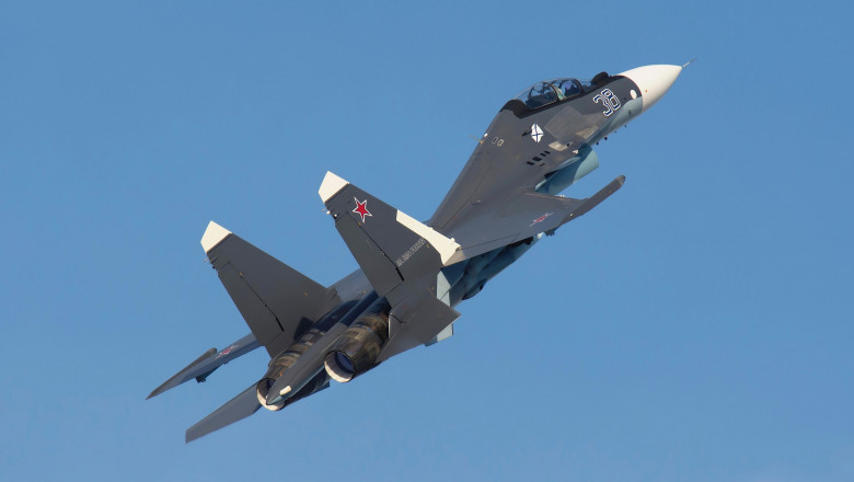 A Russian Navy Su-30SM performing during the Aviation Salon MAKS-2015 airshow in Zhukovsky, Russia.