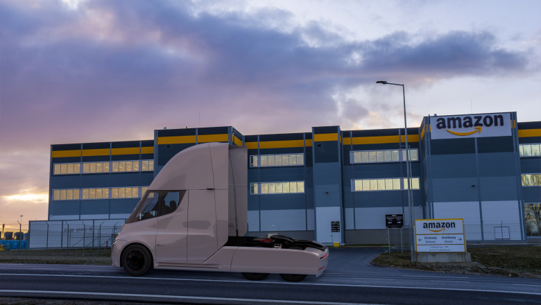 Szczecin,poland-april,2020:tesla,Electric,Truck,Driving,Along,The,Road,Next,To