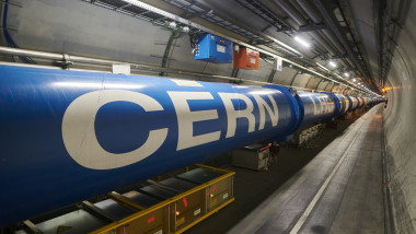 Chain of Large Hadron Collider dipole magnets inside tunnel