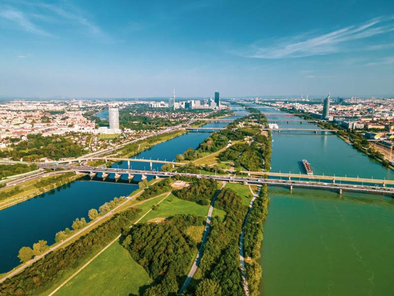 Aerial,Drone,View,Of,Danube,River,In,Vienna,Austria,Cityscape