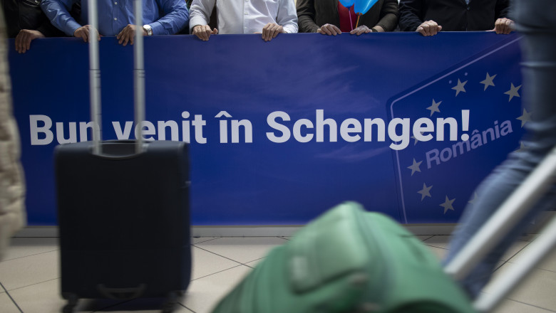 A banner reading "Welcome to Schengen" is displayed at the arrivals section of Henri Coanda International Airport