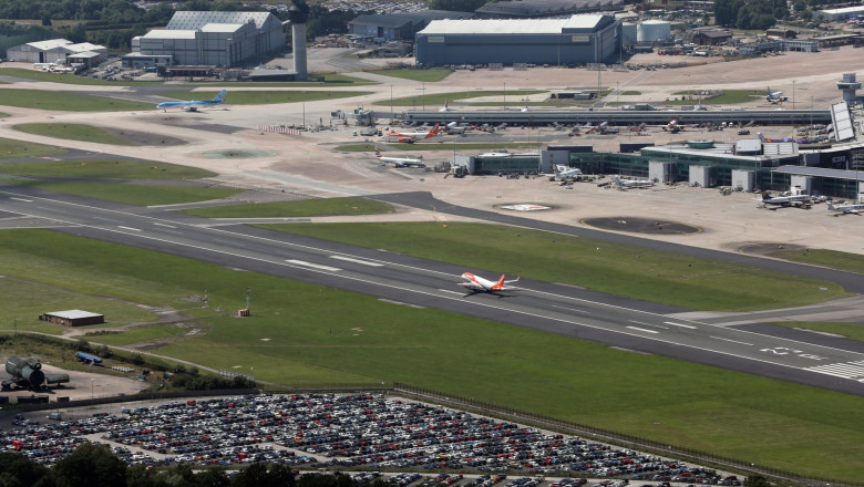 aerial view of an EastJet aircraft landing at Manchester Airport, UK