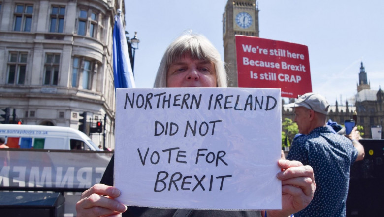 London, UK. 15th June 2022. A protester holds a sign which reads 'Northern Ireland did not vote for Brexit'. Demonstrators gathered outside Parliament in support of the Northern Ireland Protocol, and in protest against Brexit and the Tory Government. Cred