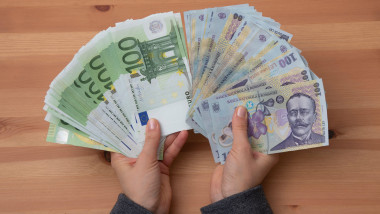 Girl hands counting Romanian LEI currency and Euro banknotes, close up