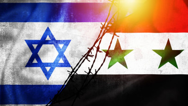 Grunge flags of Israel and Syria divided by barb wire illustrati