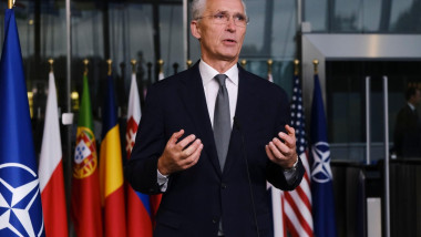 Brussels, Belgium. 01st Oct, 2024. NATO's new Secretary General Mark Rutte and outgoing Secretary Jens Stoltenberg during a press conference during a handover ceremony at NATO headquarters in Brussels, Belgium on October 1, 2024. Credit: ALEXANDROS MICHAI