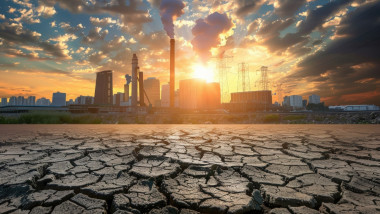 A factory spews smoke into the air as the sun sets over a cracked, dry landscape.