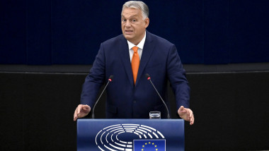 Ungarns Ministerpräsident Viktor Orban (Fidesz) spricht im EU-Parlament in Straßburg. Straßburg, 09.10.2024 Grand Est Fr