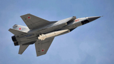 RUSSIAN HYPERSONIC MISSILE KH-47M2 Kinzhal painted white mounted on a Mikoyan MIG 31K interceptor at the May 2018 Moscow Victory Day Parade