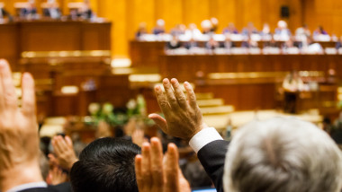 Mâini ridicate în timpul votului în Parlament