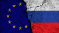 Political relationship between European Union and russia. National flags on cracked concrete background