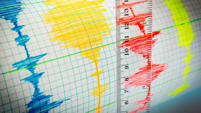 Seismological device for measuring earthquakes. Seismological activity lines on the sheet of measuring paper. Earthquake wave on