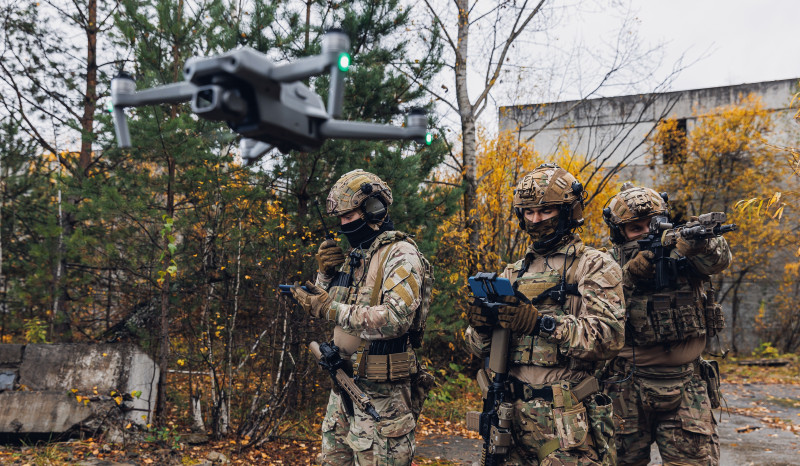 Modern,Soldiers,Group.,Concept,Army,Using,Aerial,Drone,Scouting,View