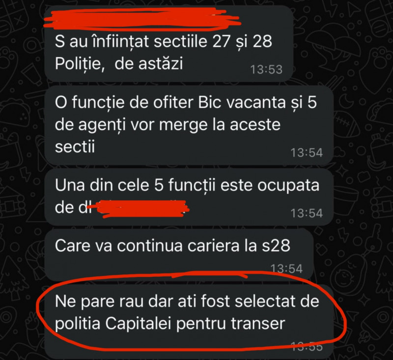 Comunicare făcută pe WhatsApp privind restructurarea Poliției Capitalei