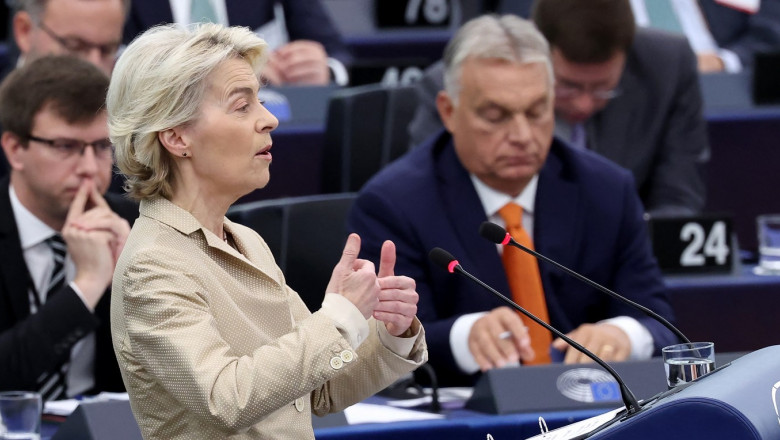 European Commission President Ursula von der Leyen delivers a speech in parlamentul european, v orban asculte