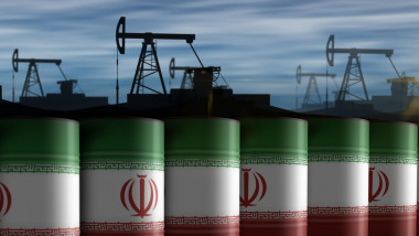 Iran oil crude petroleum fuel barrels in row concept. Iranian petrol business and fuel extraction industrial containers 3d illustration.