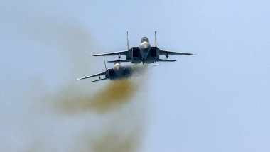 2 F-15 Eagle fighter aircraft of the Israeli Air Force Aerobatic Team fly