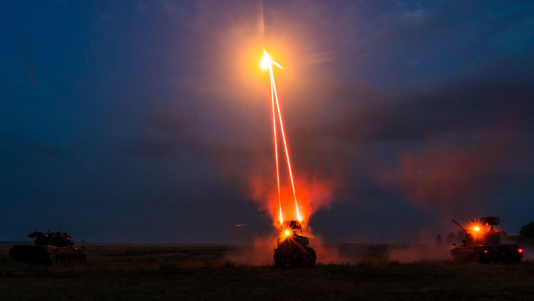 A Romania Land Forces Gepard fires at an illumination mortar at Bemowo Piskie Training Area, Poland, July 27, 2021. Romania's "Sky Guardians" conducted a night live-fire exercise to enhance air defense capability readiness.