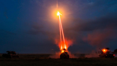 A Romania Land Forces Gepard fires at an illumination mortar at Bemowo Piskie Training Area, Poland, July 27, 2021. Romania's "Sky Guardians" conducted a night live-fire exercise to enhance air defense capability readiness.