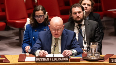 Ambassador Vassily Nebenzia of Russia speaks during UN Security Council