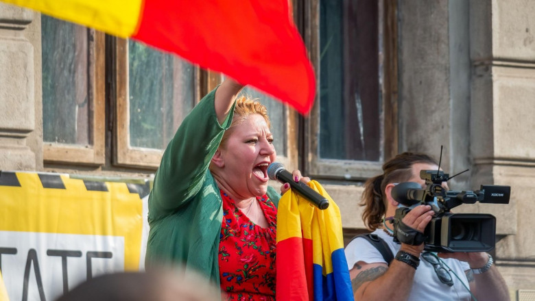 Bucharest, Romania - 07.24.2021: Romanian Senator Diana Iovanovici Sosoaca giving a speech at a protest against COVID-19 restriction measures for thos