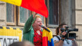 Bucharest, Romania - 07.24.2021: Romanian Senator Diana Iovanovici Sosoaca giving a speech at a protest against COVID-19 restriction measures for thos