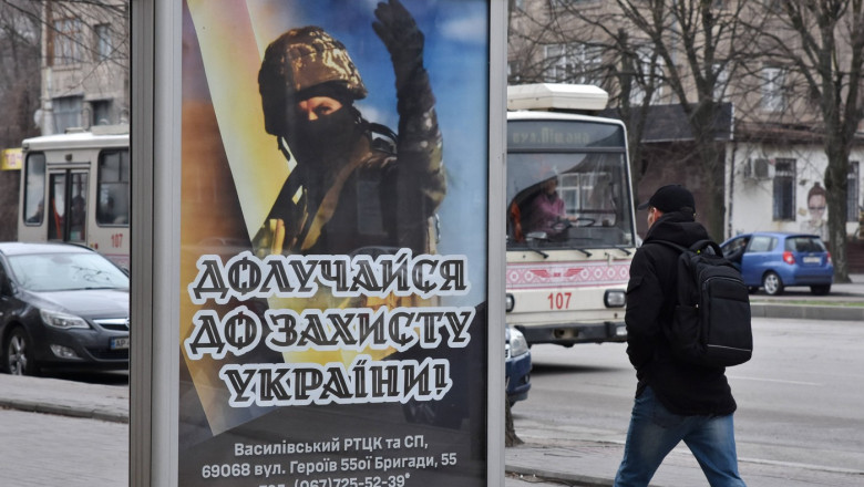 Recruitment posters for the Ukrainian armed forces in the center of Zaporizhzhia, Ukraine - 19 Mar 2024