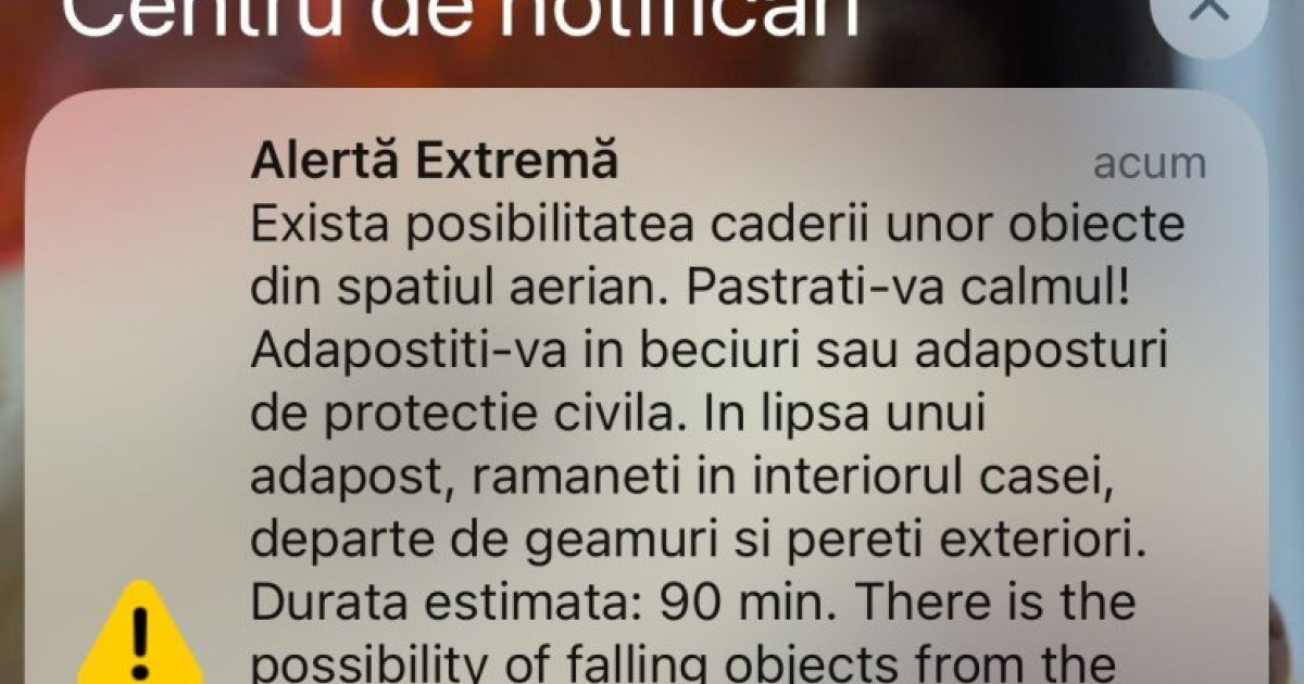 Avertizare RO-Alert în Tulcea: Posibile căderi de obiecte din aer