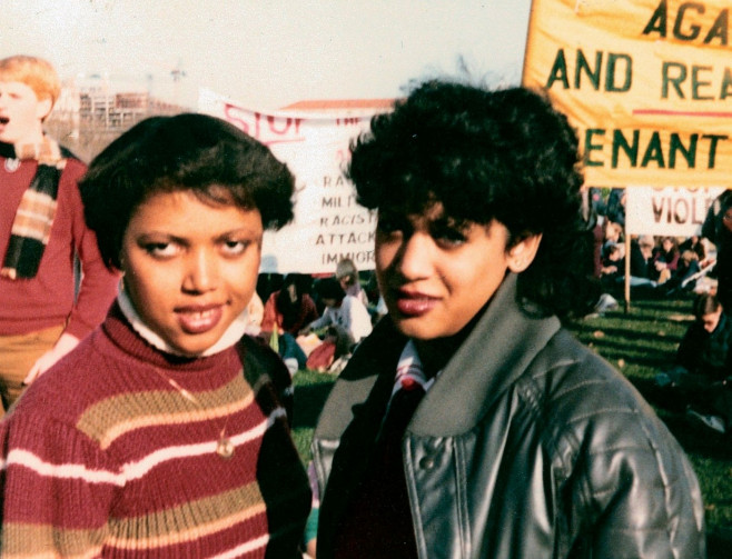 Kamala Harris attends an anti-apartheid protest at Howard University in 1982.