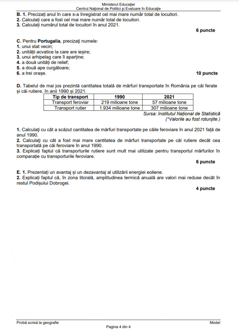 Modele de subiecte la Geografie, Bacalaureat 2025, pag 4