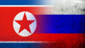 National flag of Russian Federation with The Democratic Peoples Republic of Korea North Korea National flag. Grunge background