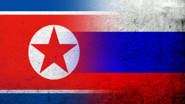 National flag of Russian Federation with The Democratic Peoples Republic of Korea North Korea National flag. Grunge background