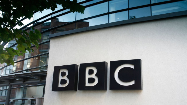 BBC logo on the BBC Yorkshire Building in St Peters Place, Leeds Daytime shot