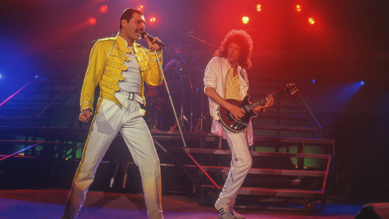 The British rock band Queen in concert at the Rsunda Football Stadium,Stockholm,Sweden 7th June 1986: Freddie Mercury and Brian May