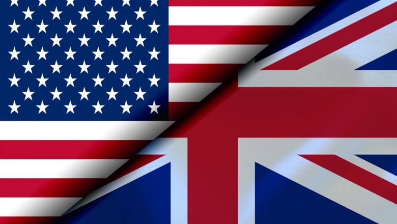 Flags of the USA and UK Divided Diagonally