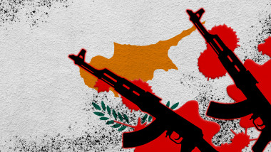 Cyprus flag and two black AK-47 rifles in red blood. Concept for terror attack or military operations with lethal outcome