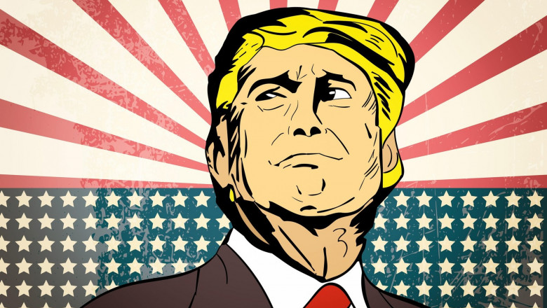 January 25, 2017: illustration of american president Donald Trump on national flag background done in hand draw style