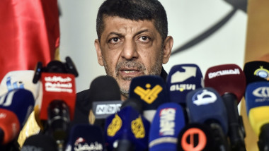 Hezbollah Spokesman Mohammad Afif speaks Duoring Press Conference.