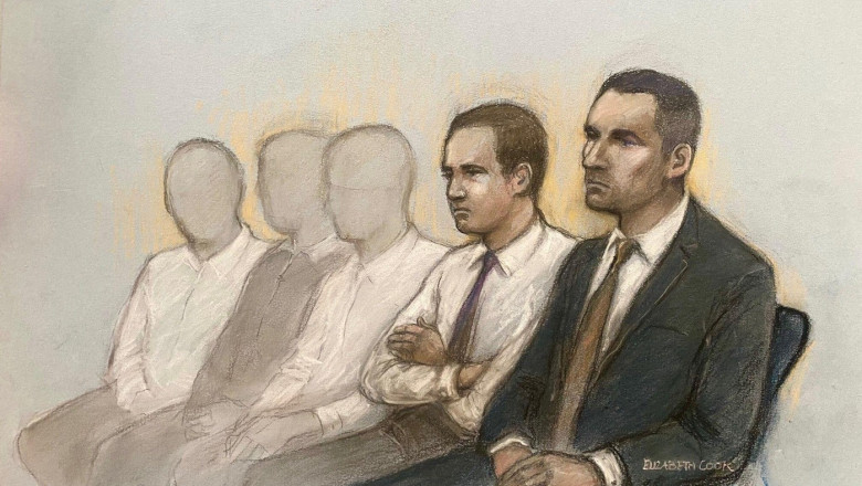 Court artist drawing by Elizabeth Cook of Antony Snook (right) sitting beside Riley Tolliver, 18, and teenagers aged 15, 16 and 17, who cannot be named for legal reasons at Bristol Crown Court, during their trial accused of the murders of two teenage boys