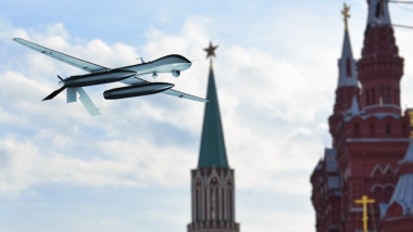 Unmanned,Military,Drone,Flies,In,The,Sky,Over,Moscow,,3d