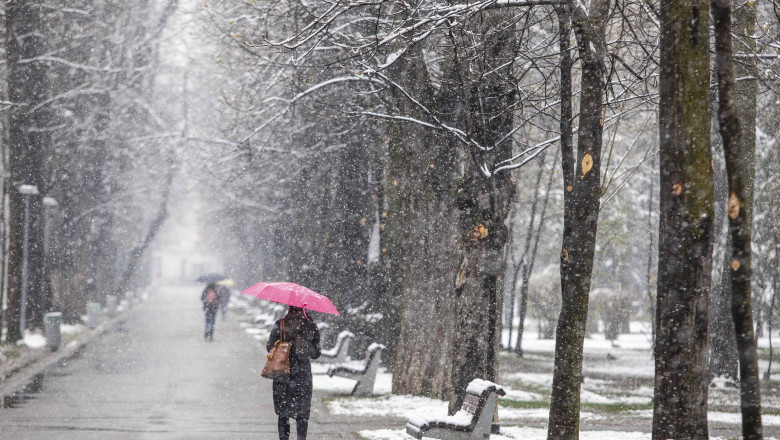 femeie cu umbrela pe strada ninsoare