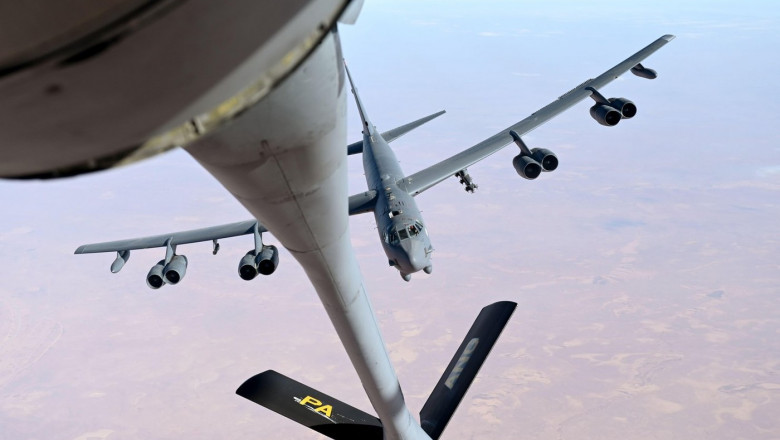 A U.S. Air Force B-52H Stratofortress prepares to receive fuel from a KC-135 Stratotanker over the U.S. Central Command area of responsibility Nov. 23, 2024.The B-52 is a long-range, heavy bomber that is capable of flying at high subsonic speeds at alti