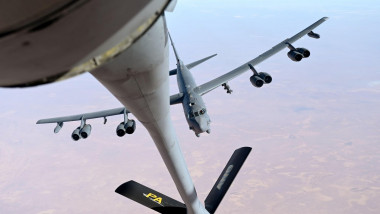 A U.S. Air Force B-52H Stratofortress prepares to receive fuel from a KC-135 Stratotanker over the U.S. Central Command area of responsibility Nov. 23, 2024.The B-52 is a long-range, heavy bomber that is capable of flying at high subsonic speeds at alti